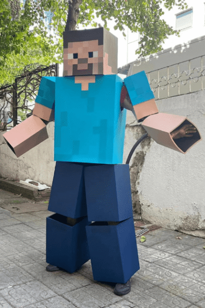 Front view of the Blocky Adventure Armor cosplay costume, showing EVA foam construction and pixel-inspired design reminiscent of Minecraft.