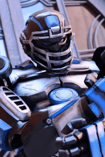 Close-up front view of the Futuristic Football Mascot Armor cosplay costume, highlighting EVA foam detailing and robot-inspired features.